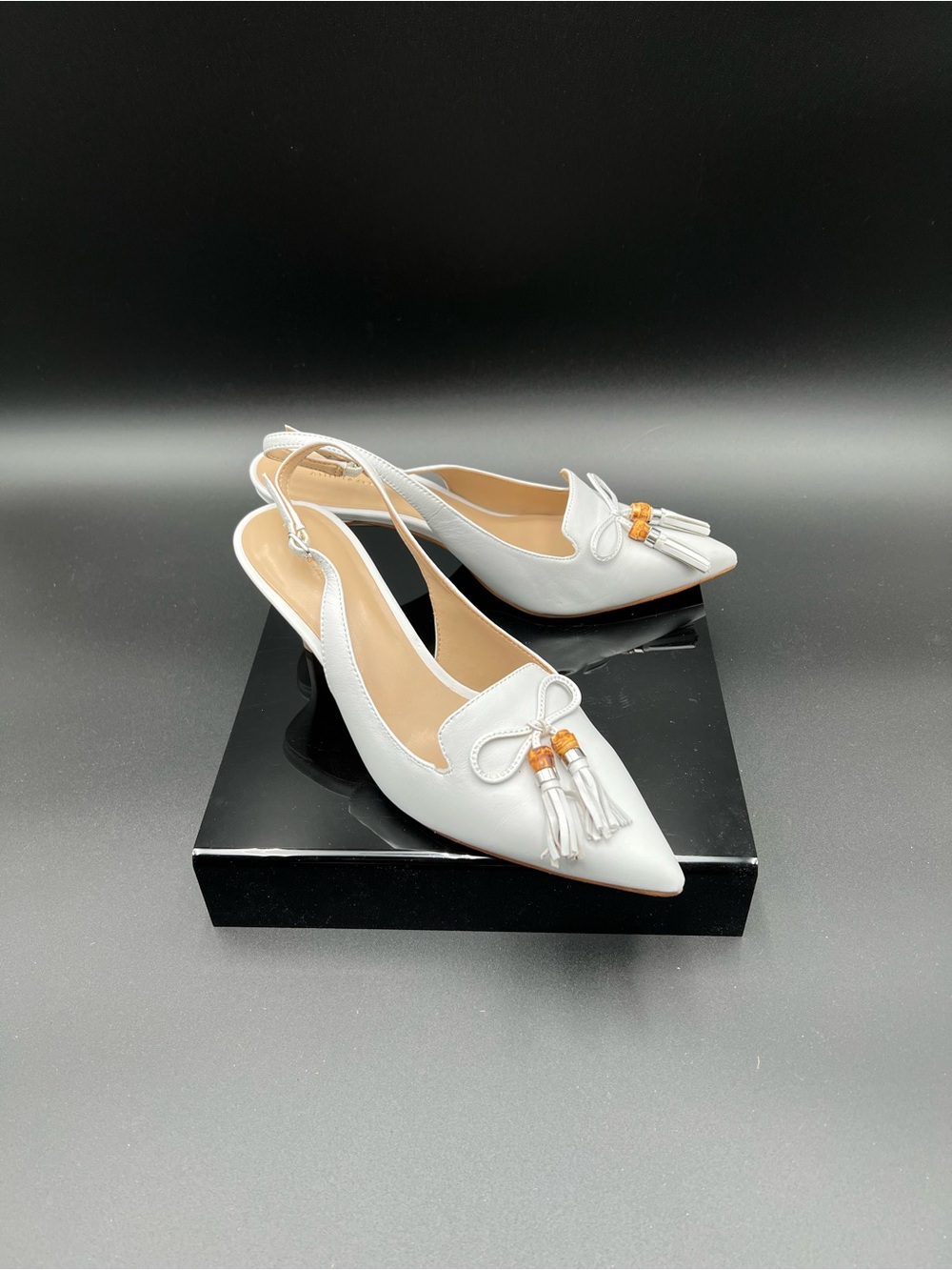 Ann Taylor White Pointed Slingback Flats with Tassel Detail